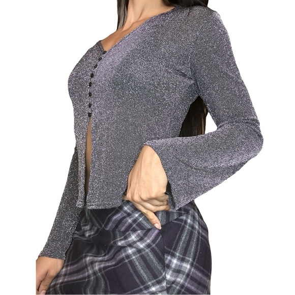 Vintage Revolution Metallic Semi-Sheer Mesh Long Sleeve Vent Top - Picture 2 of 5